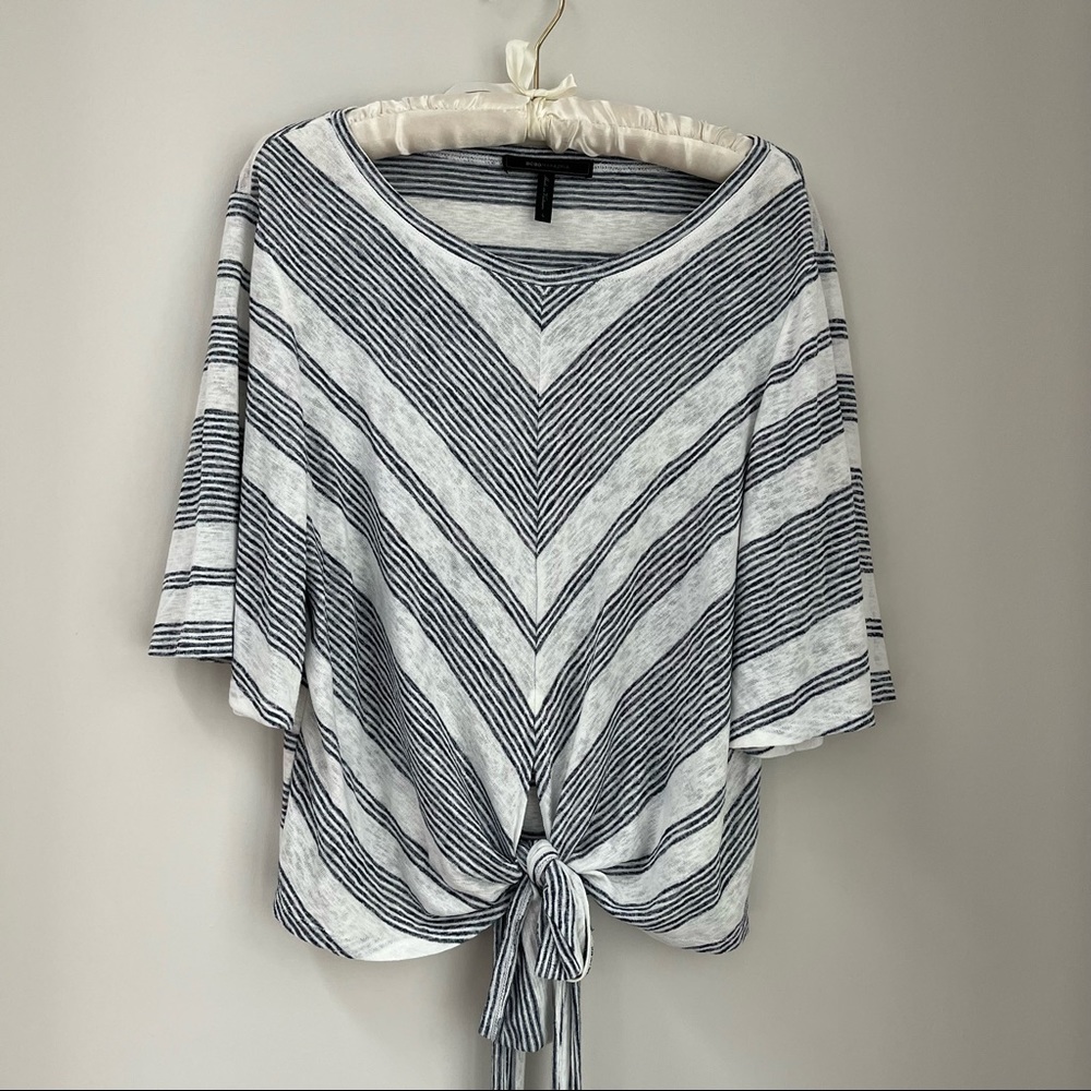 Never worn BCBG blue striped wrap tee with ties.